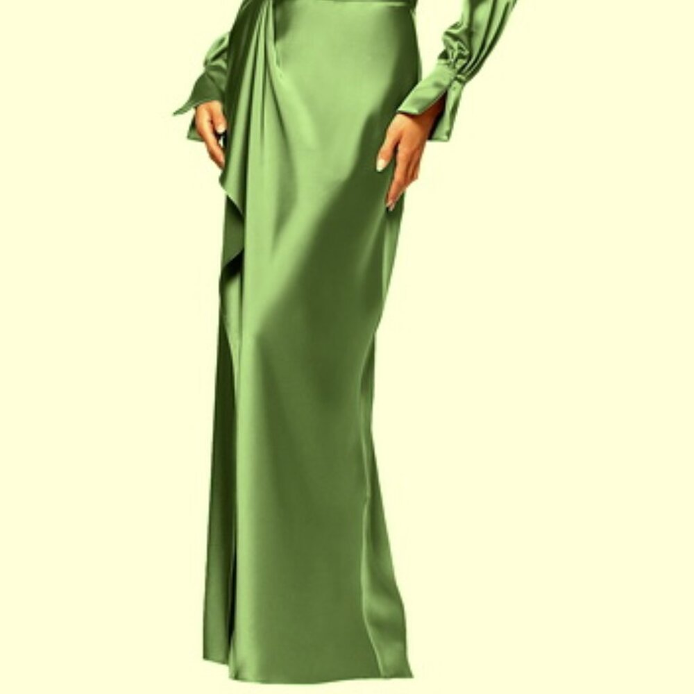 Xscape Olive Green Collar Long Sleeve Satin Gown Dress - Picture 2 of 6